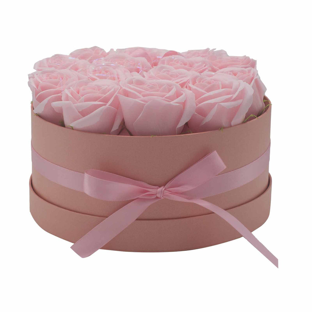 Caixa de oferta - Flor de sabão 14 rosas cor-de-rosa - redonda
