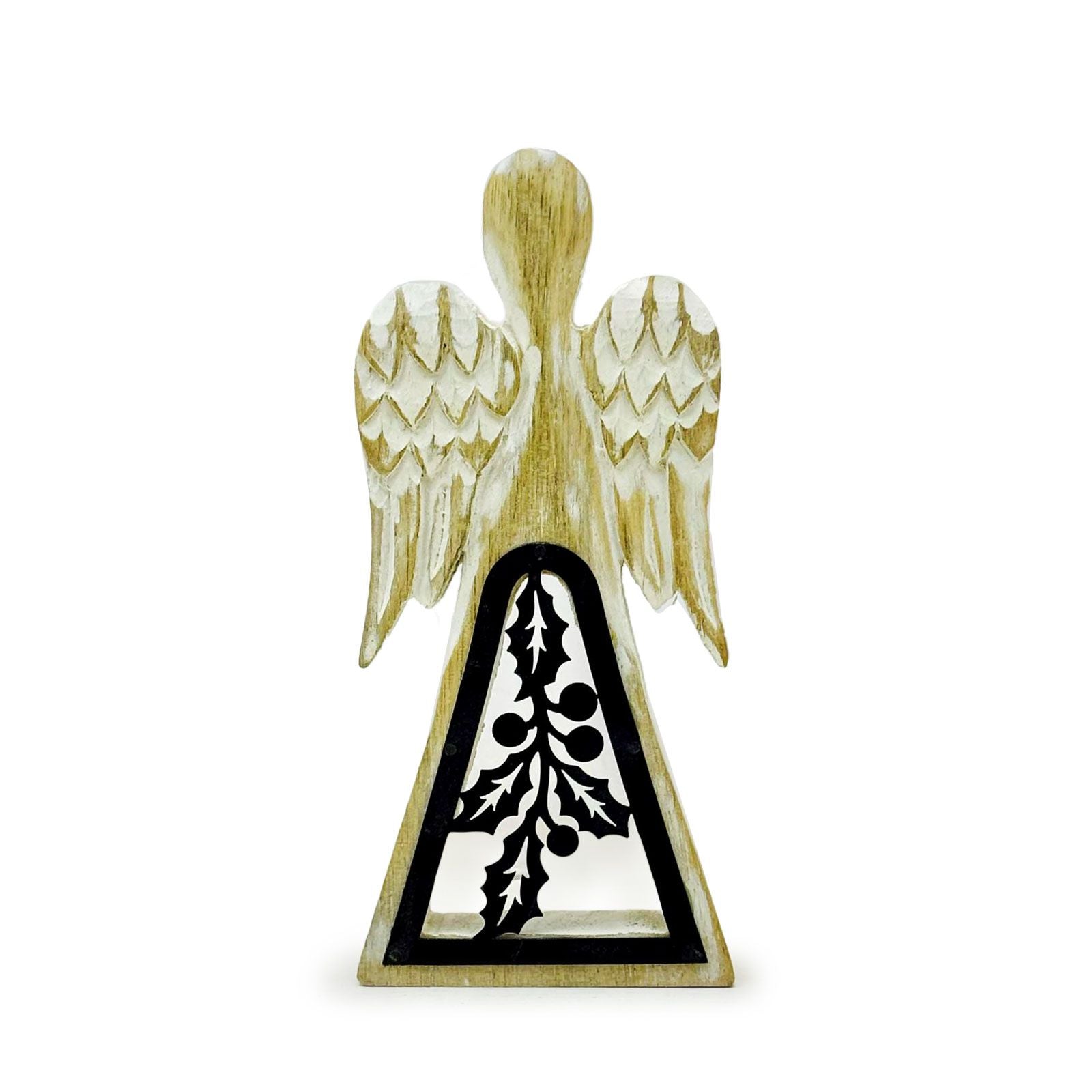 Ángel de madera de mango - acabado lavado blanco con recorte decorativo de hierro