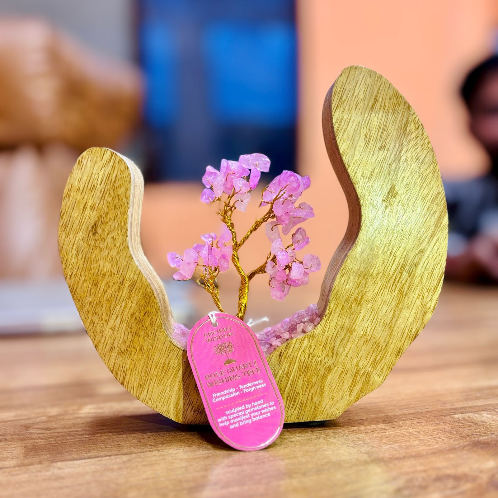 Jardín de Árbol de Gemas de Cuarzo Rosa en Anillo Abierto de Madera de Mango - 60 Piedras