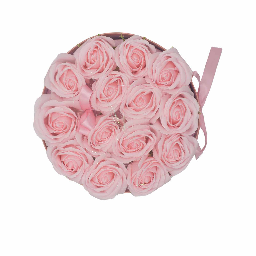 Caixa de oferta - Flor de sabão 14 rosas cor-de-rosa - redonda
