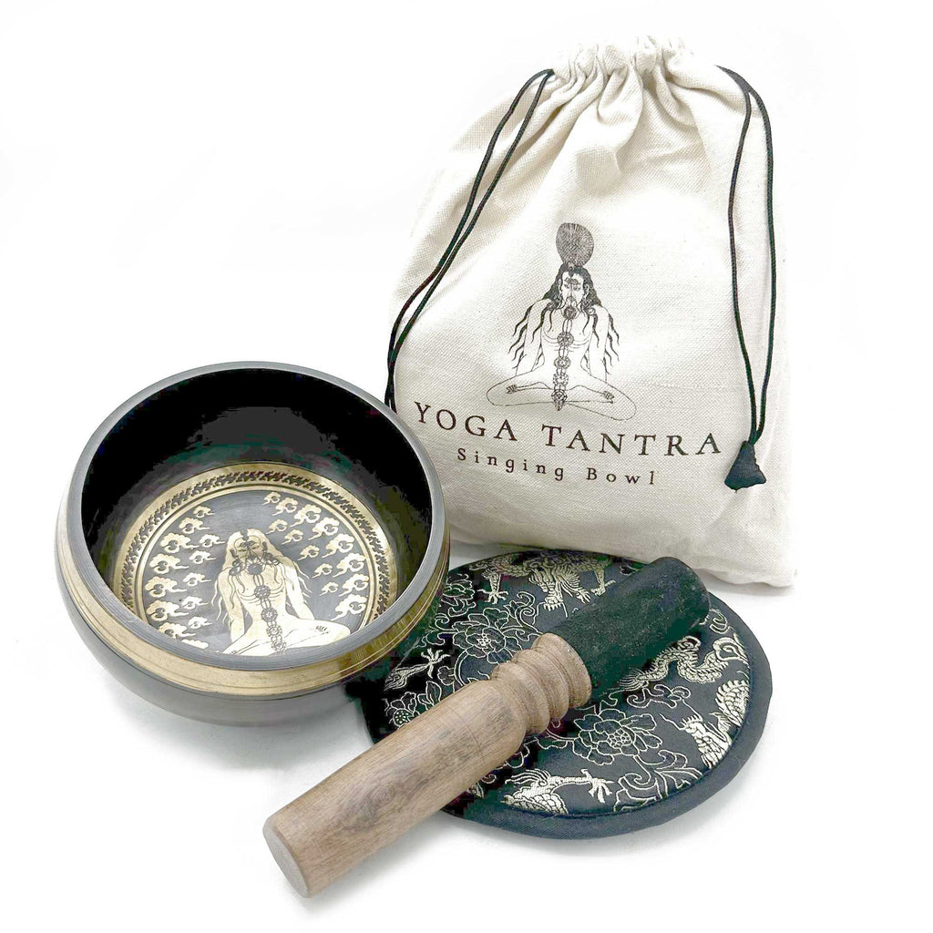 Conjunto de taça tibetana para presente, batida e gravada à mão - 14 cm - Yogi