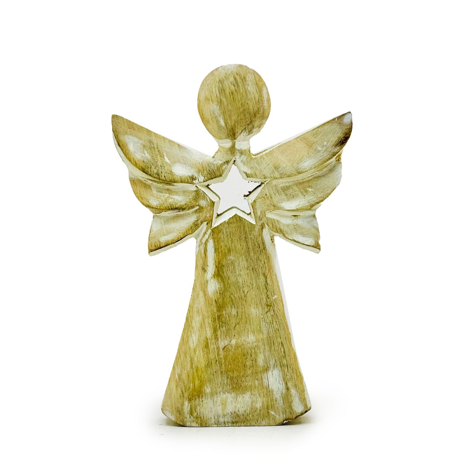 Ángel de madera de mango - blanqueado con recorte de estrella