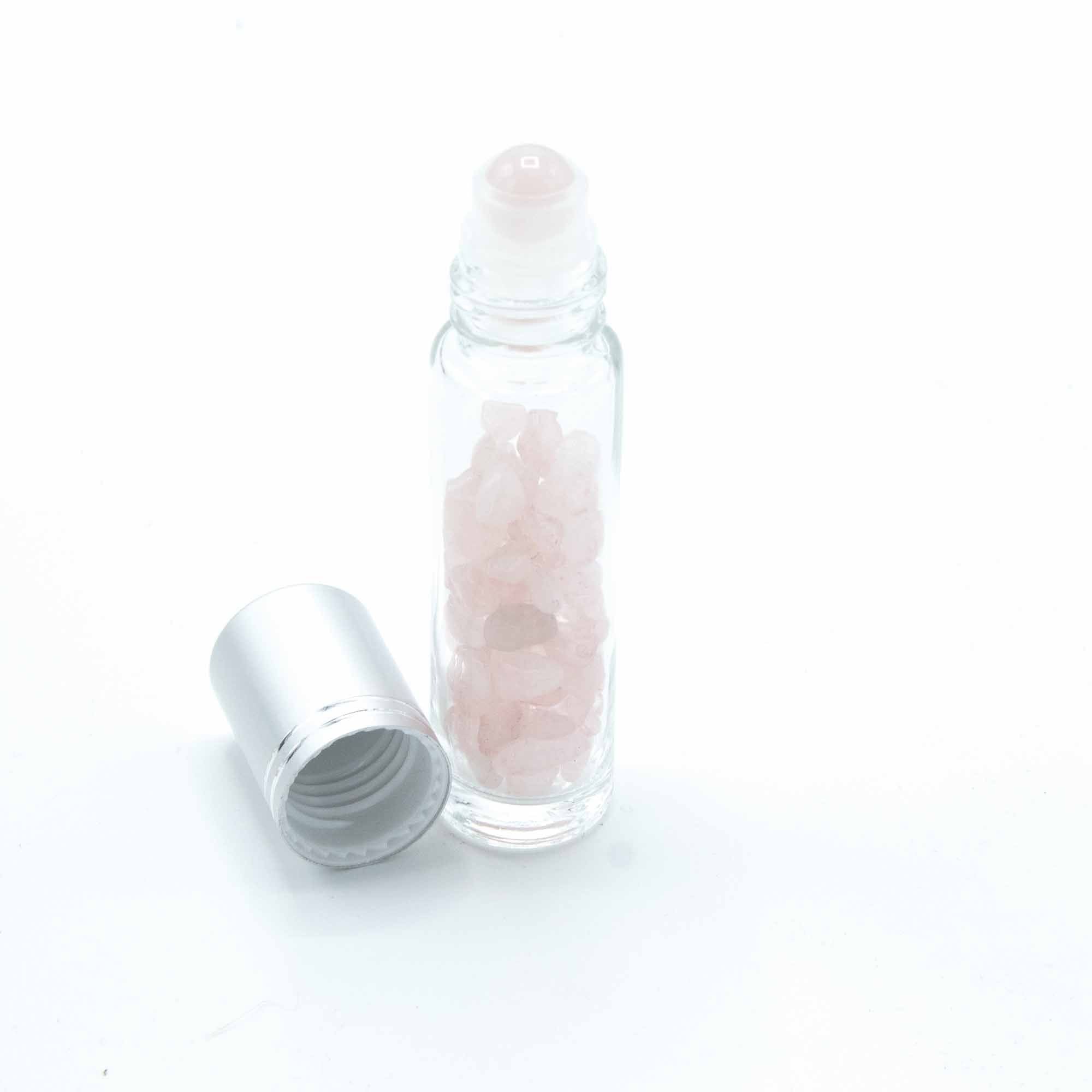Botella de rodillo de aceite esencial de piedras preciosas - Cuarzo rosa - Tapa plateada