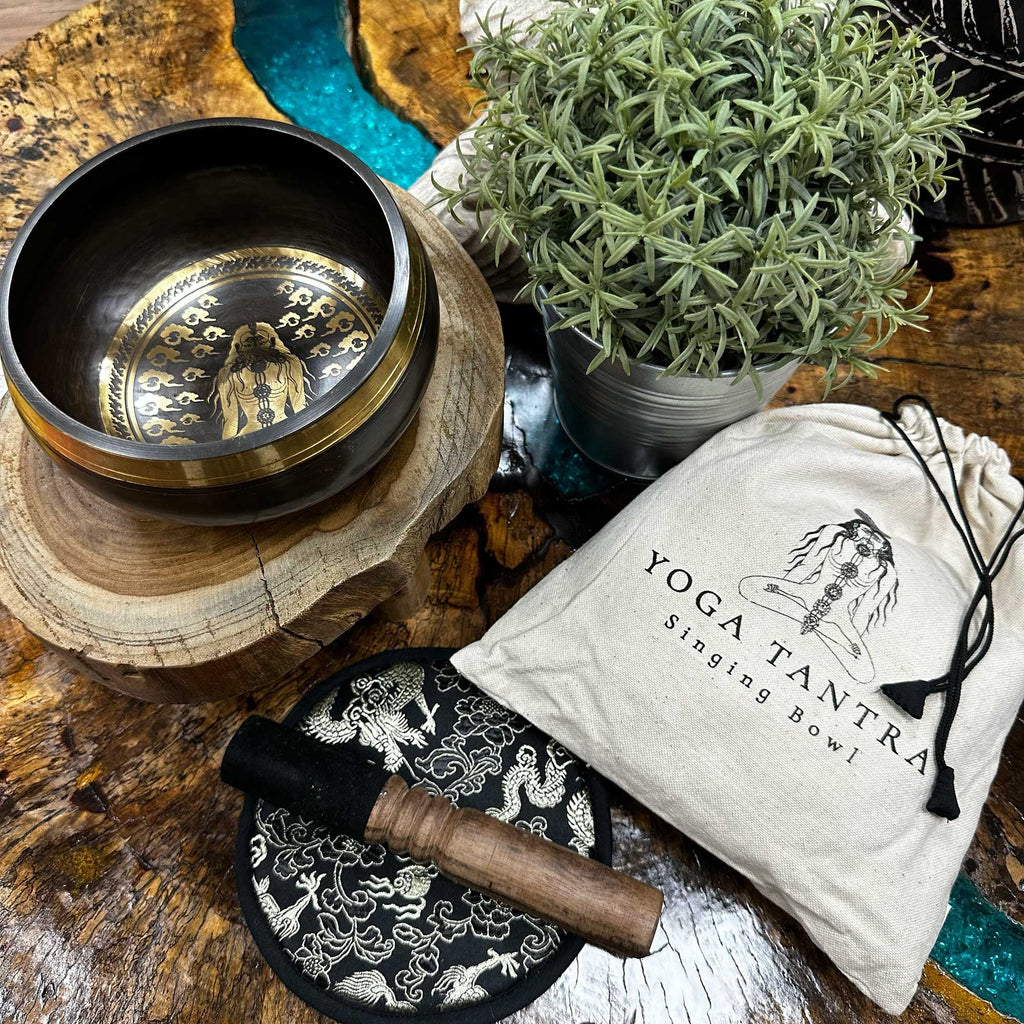 Conjunto de taça tibetana para presente, batida e gravada à mão - 14 cm - Yogi