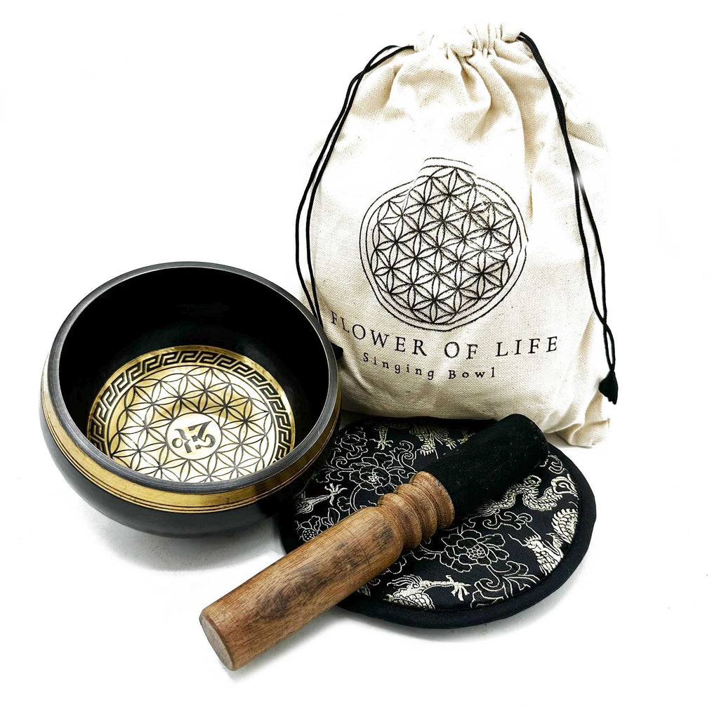 Conjunto de oferta de taça tibetana tibetana gravada e batida à mão - 14 cm - Flor da Vida