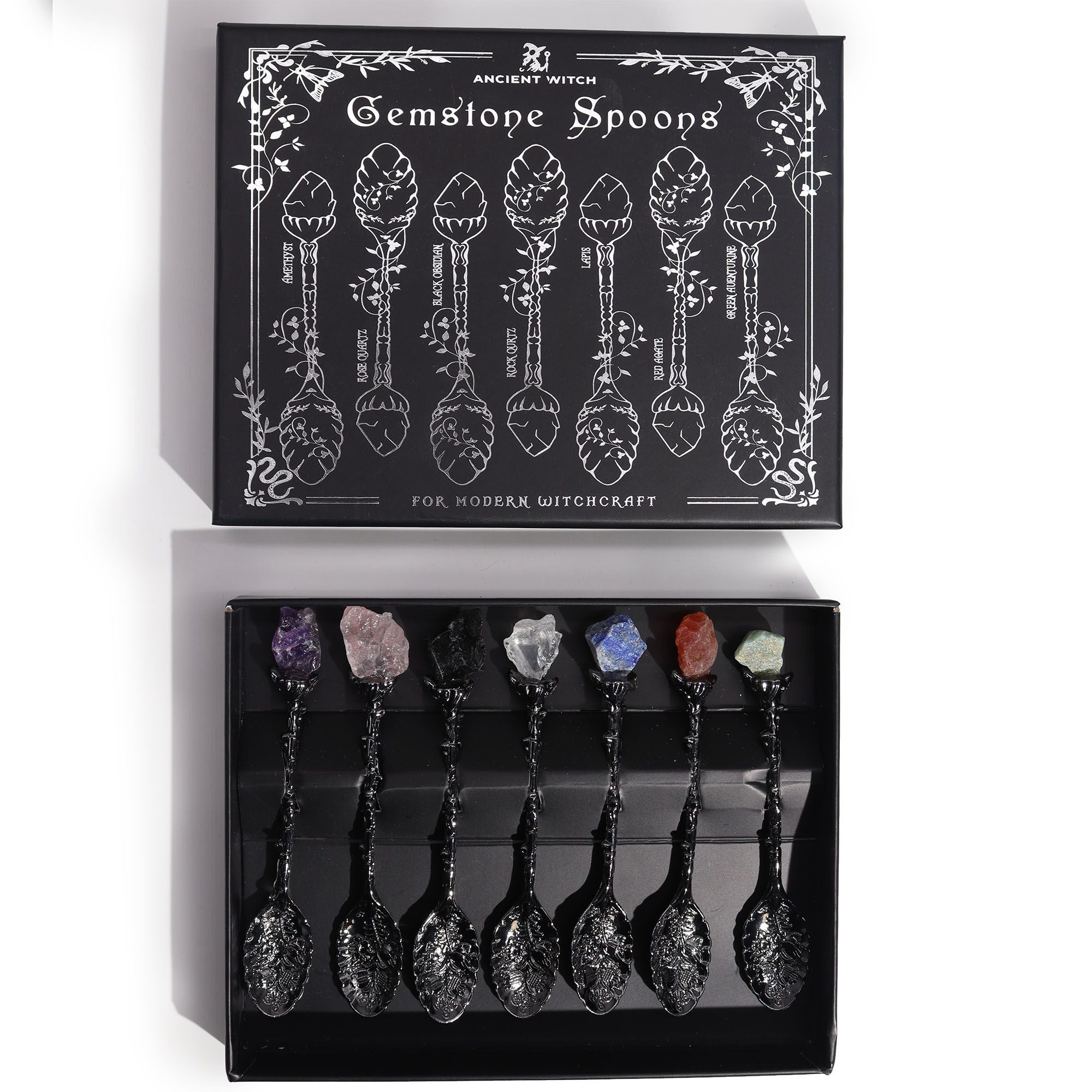 Juego de 7 Cucharas de Bruja de Cristal de Piedra Preciosa de Plata Oscura