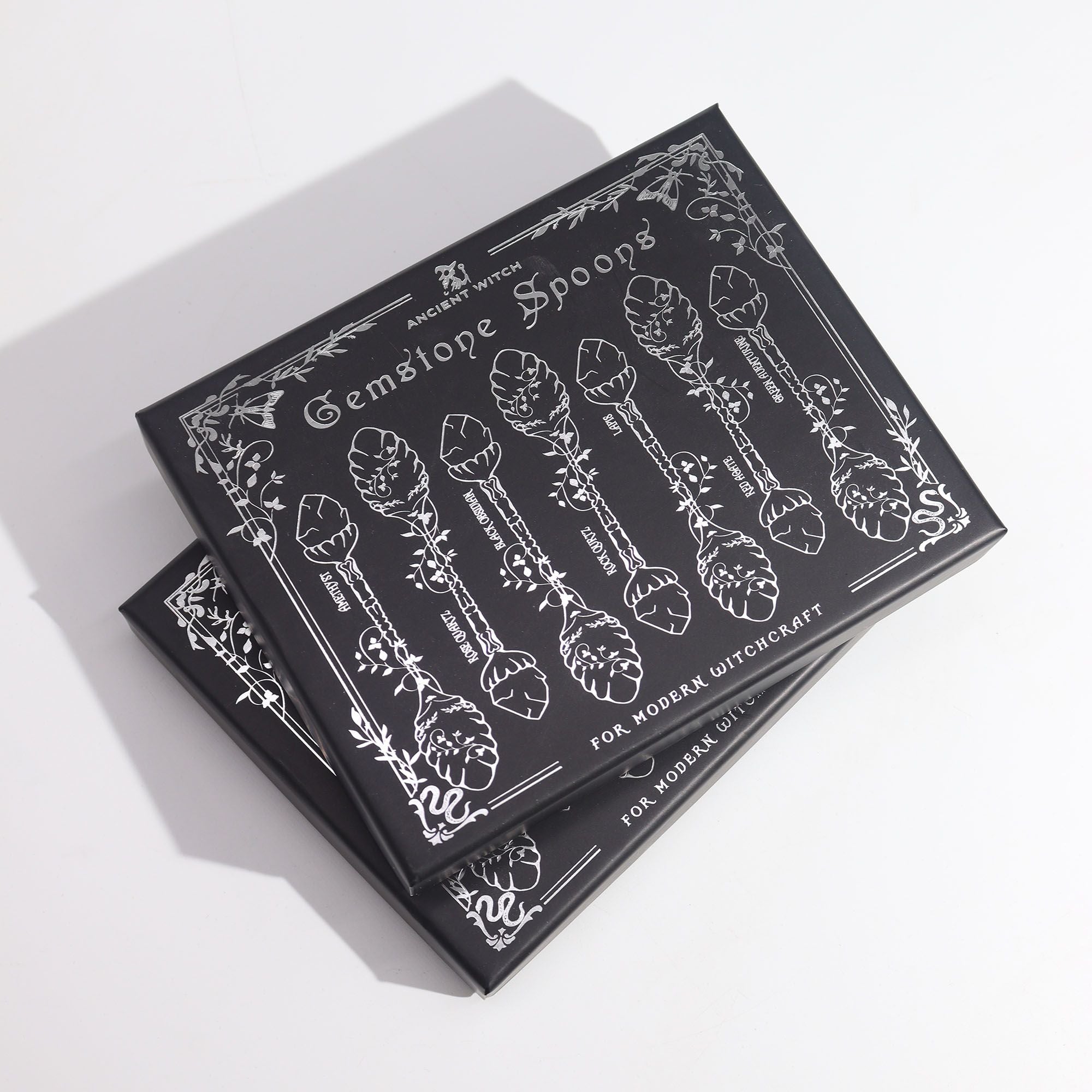 Juego de 7 Cucharas de Bruja de Cristal de Piedra Preciosa de Plata Oscura