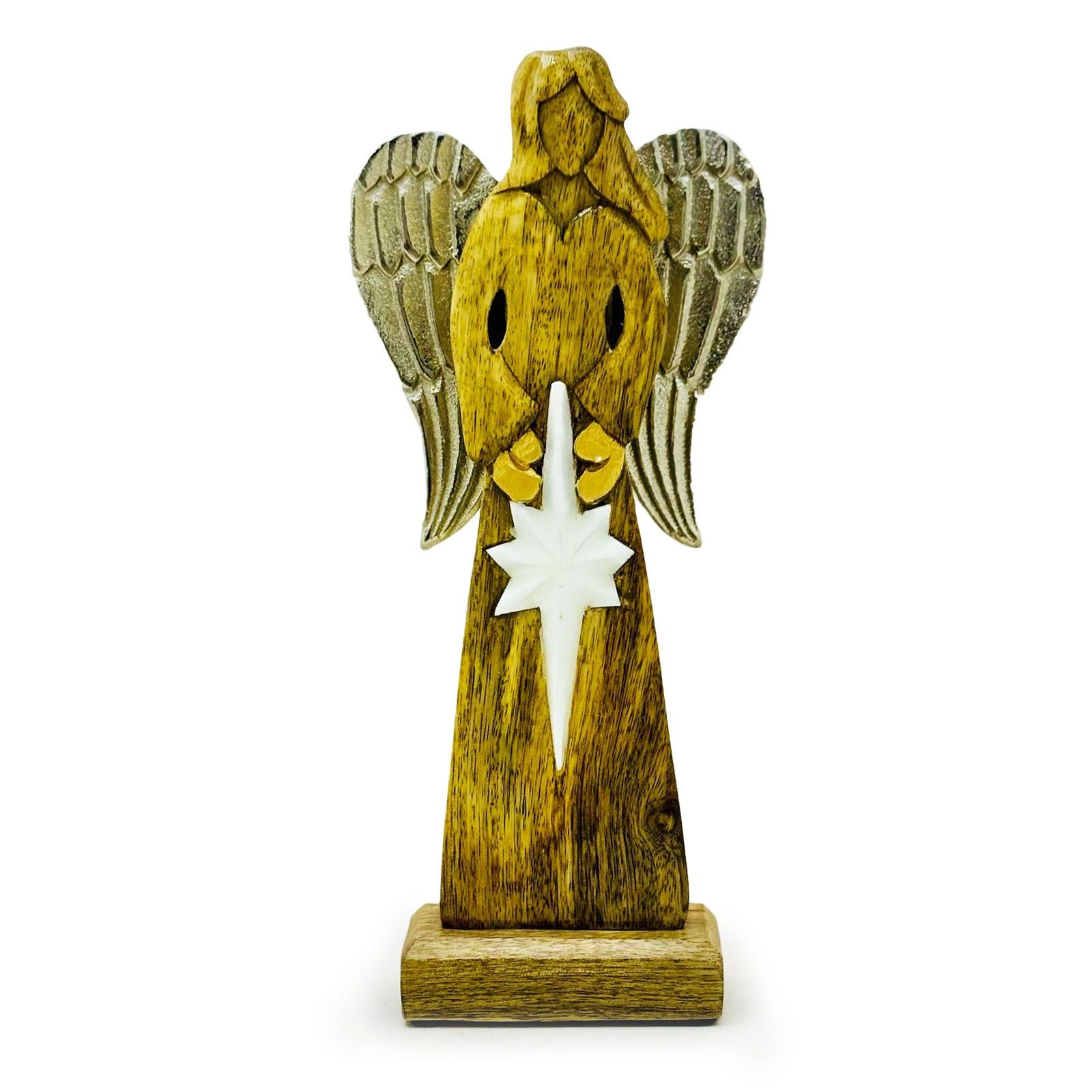 Gran Ángel de la Paz de Madera de Mango, Alas de Metal y Detalle de Esmalte