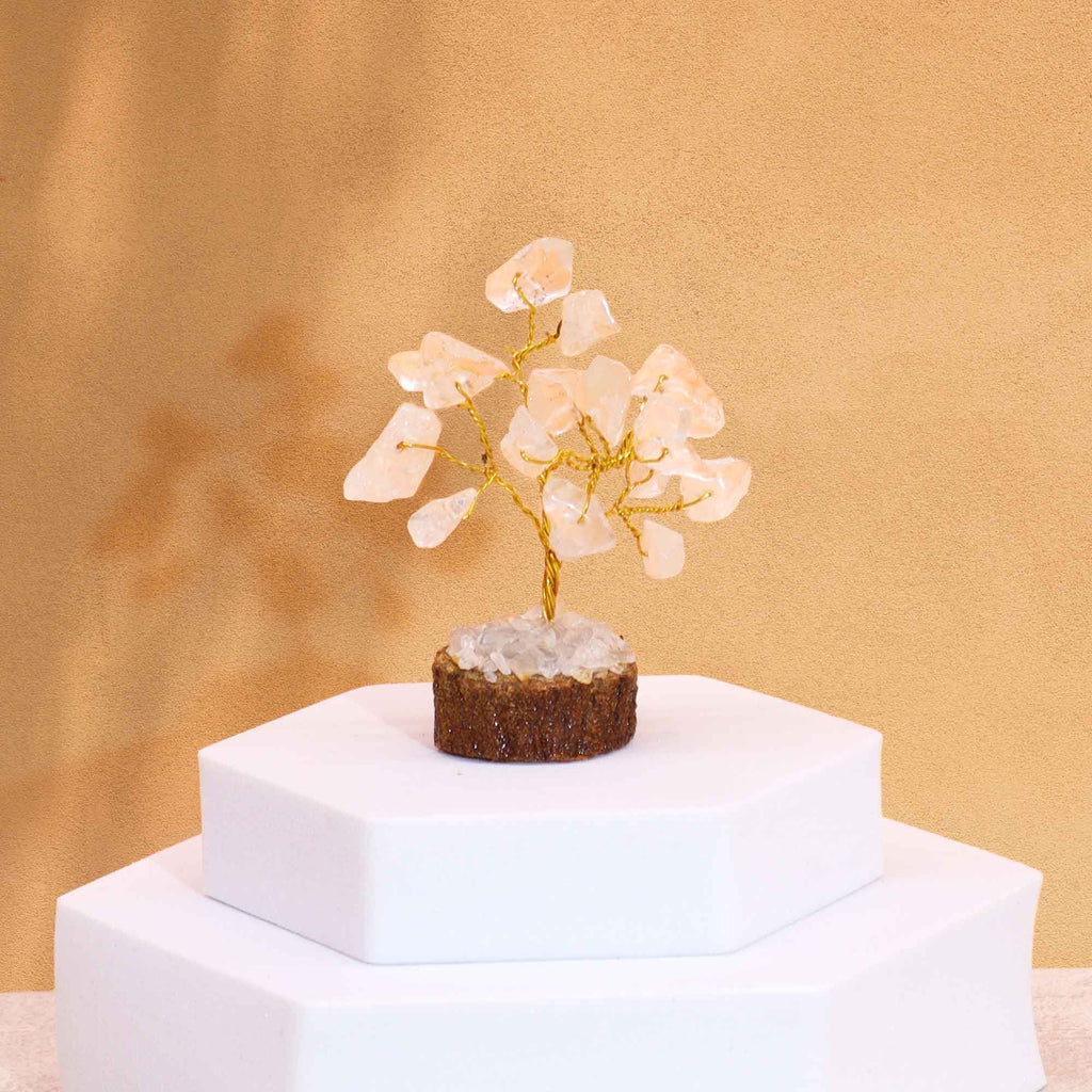 Mini árbol de piedras preciosas sobre base de madera - Cuarzo de roca (15 piedras)