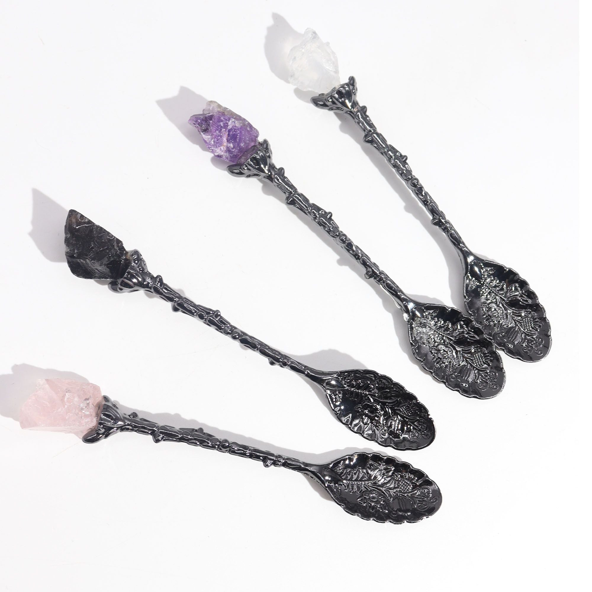 Juego de 7 Cucharas de Bruja de Cristal de Piedra Preciosa de Plata Oscura