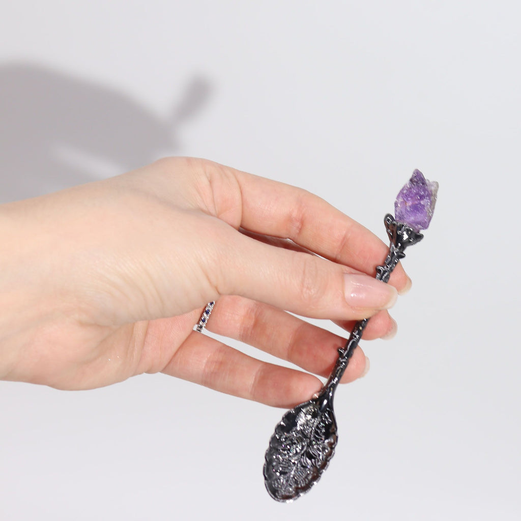 Juego de 7 Cucharas de Bruja de Cristal de Piedra Preciosa de Plata Oscura