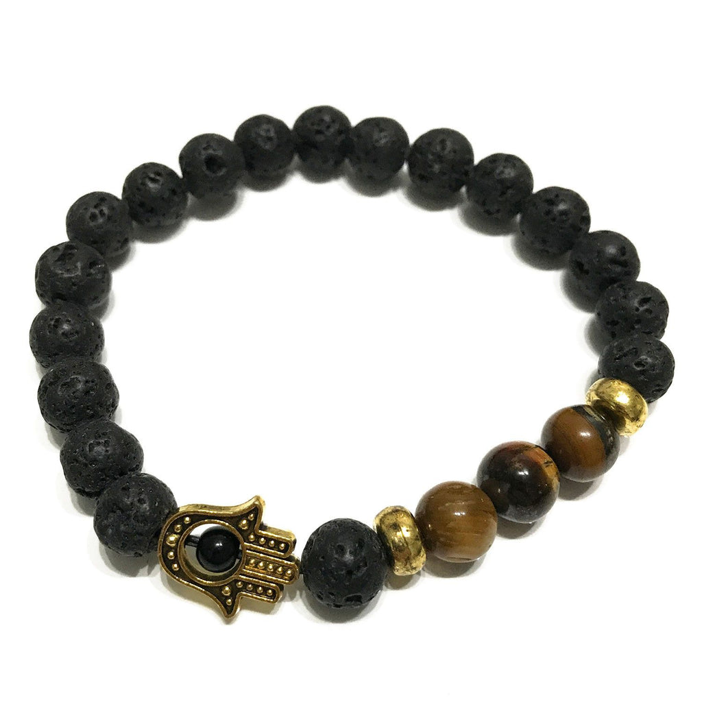 Pulseira Pedra Lava - Hamsa - Olho de Tigre