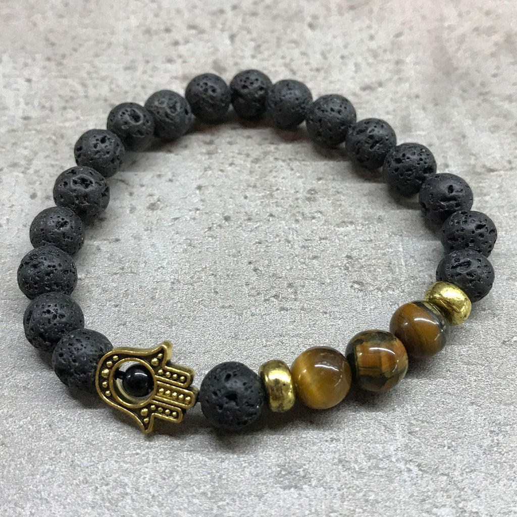 Pulseira Pedra Lava - Hamsa - Olho de Tigre