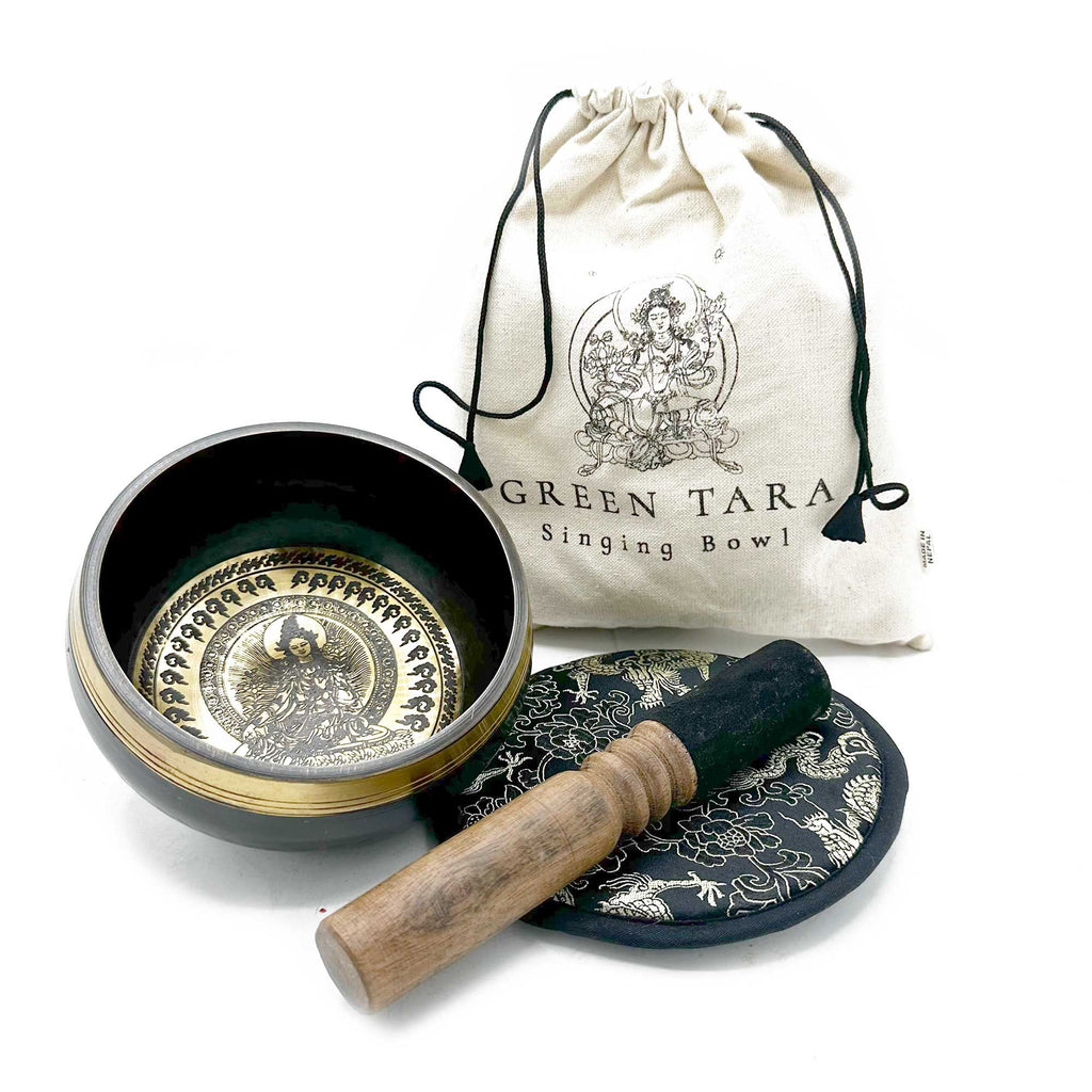 Conjunto de oferta de taça tibetana para canto, batida e gravada à mão - 14 cm - Tara Verde