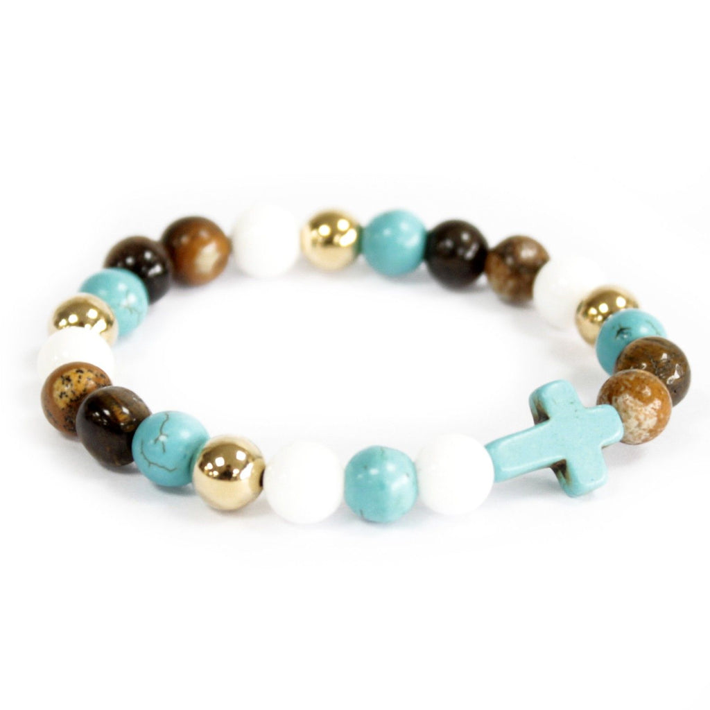 Pulseira de pedras preciosas com cruz turquesa / pérolas verdadeiras