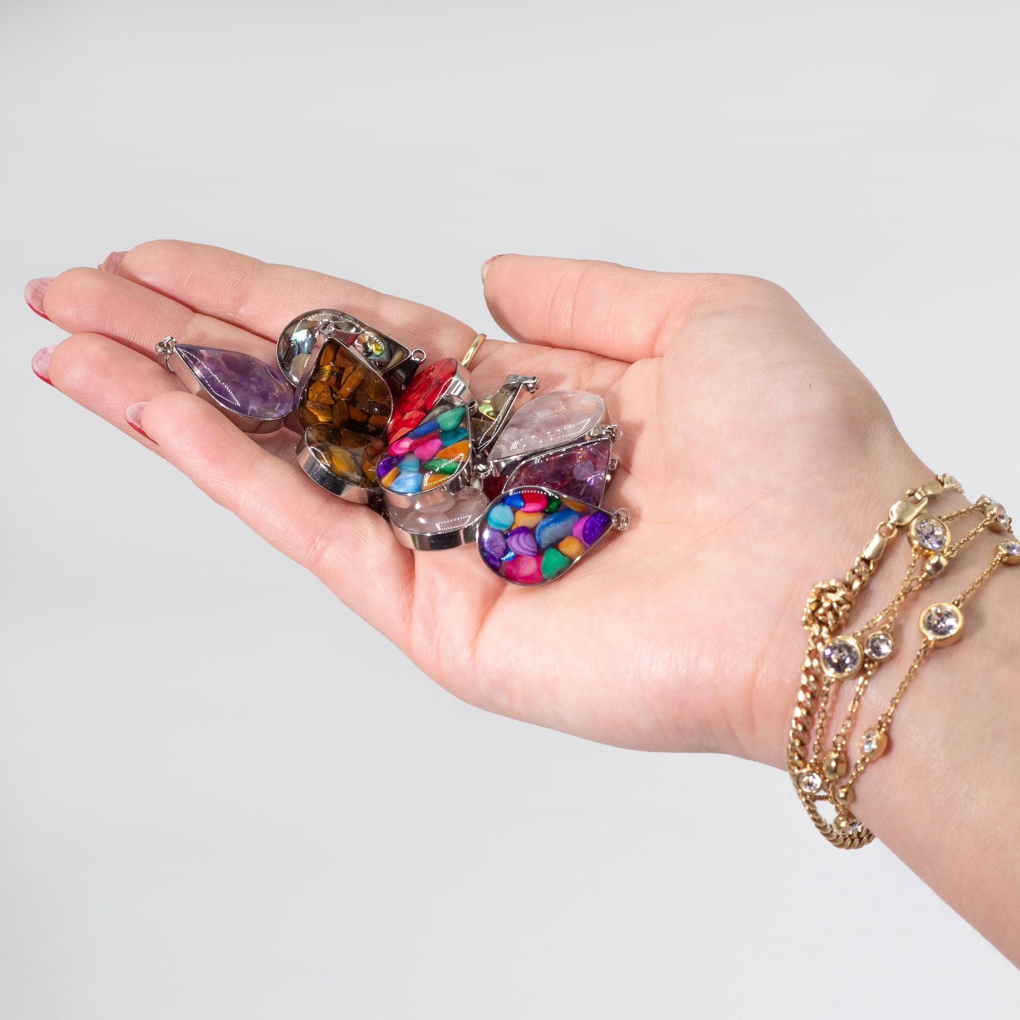 12x Colgantes de lágrimas con carcasa de acero - Chip de gemas y conchas Surtido