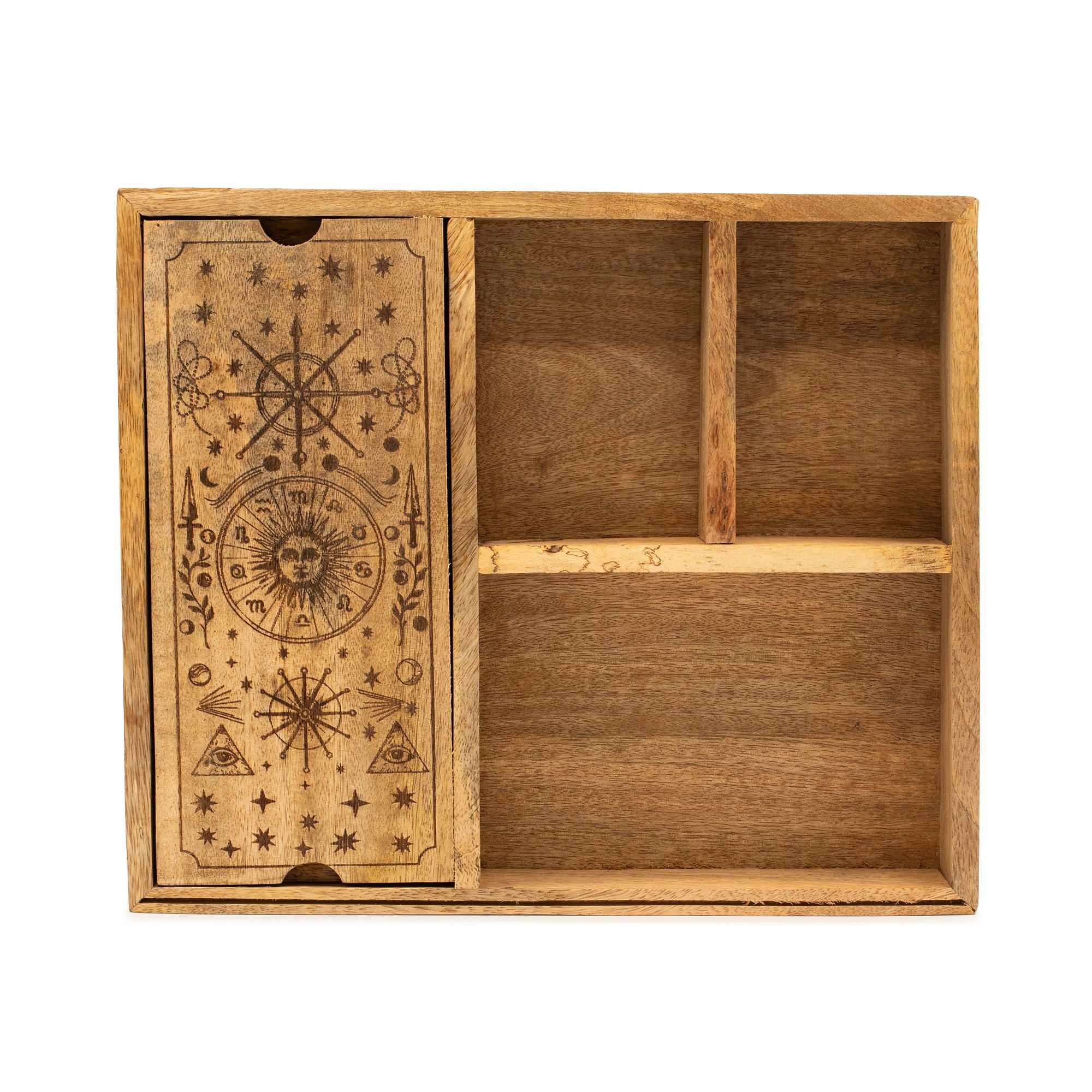 Caja de tarot de cuatro compartimentos con soporte para cartas.