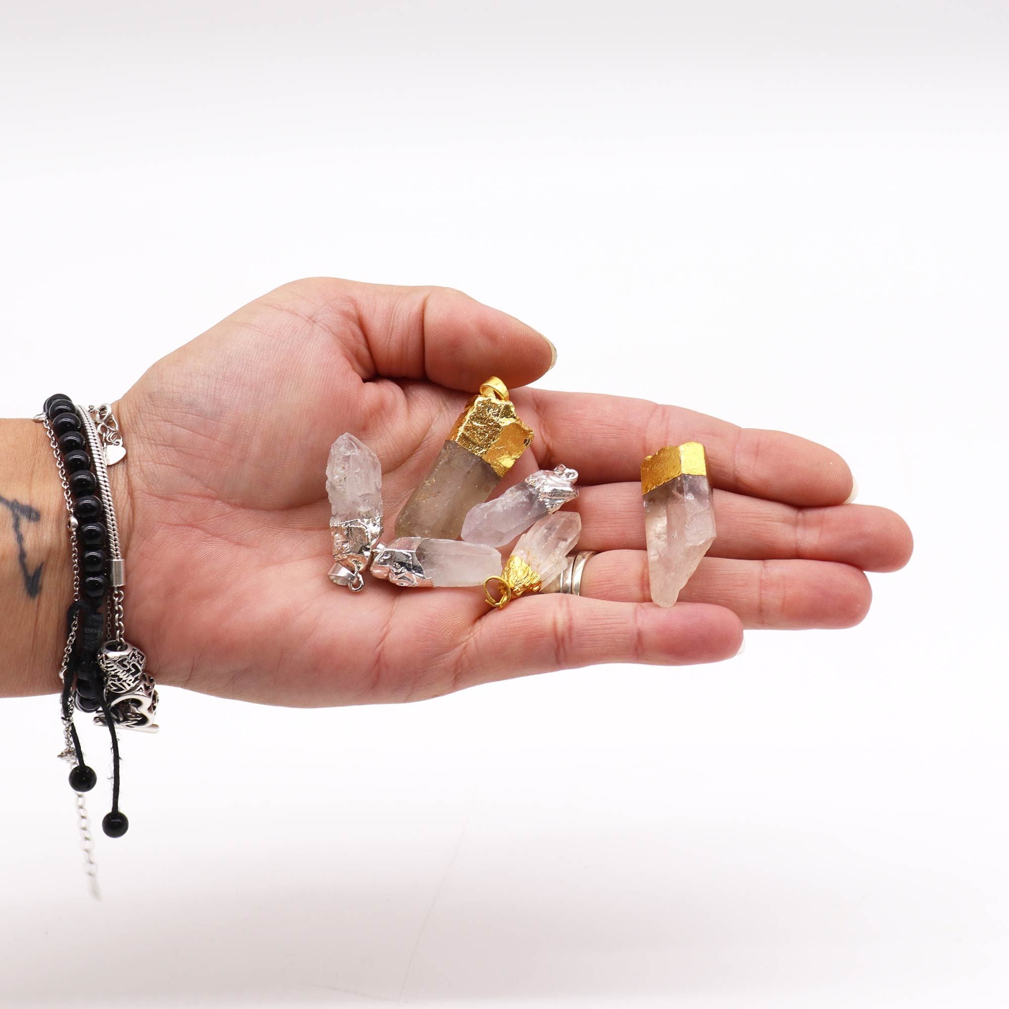 6x Colgantes de cuarzo transparente bañados en oro y plata (6 unidades surtidas)