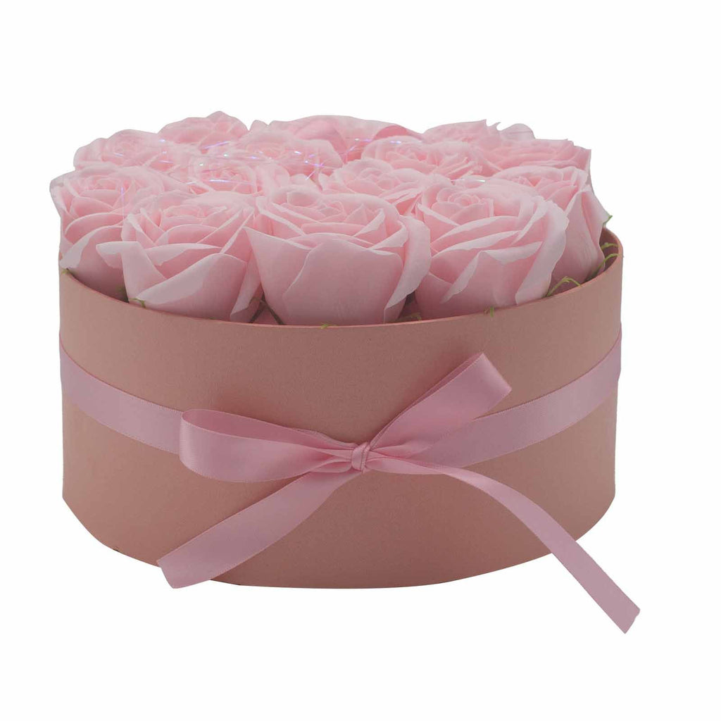 Caixa de oferta - Flor de sabão 14 rosas cor-de-rosa - redonda