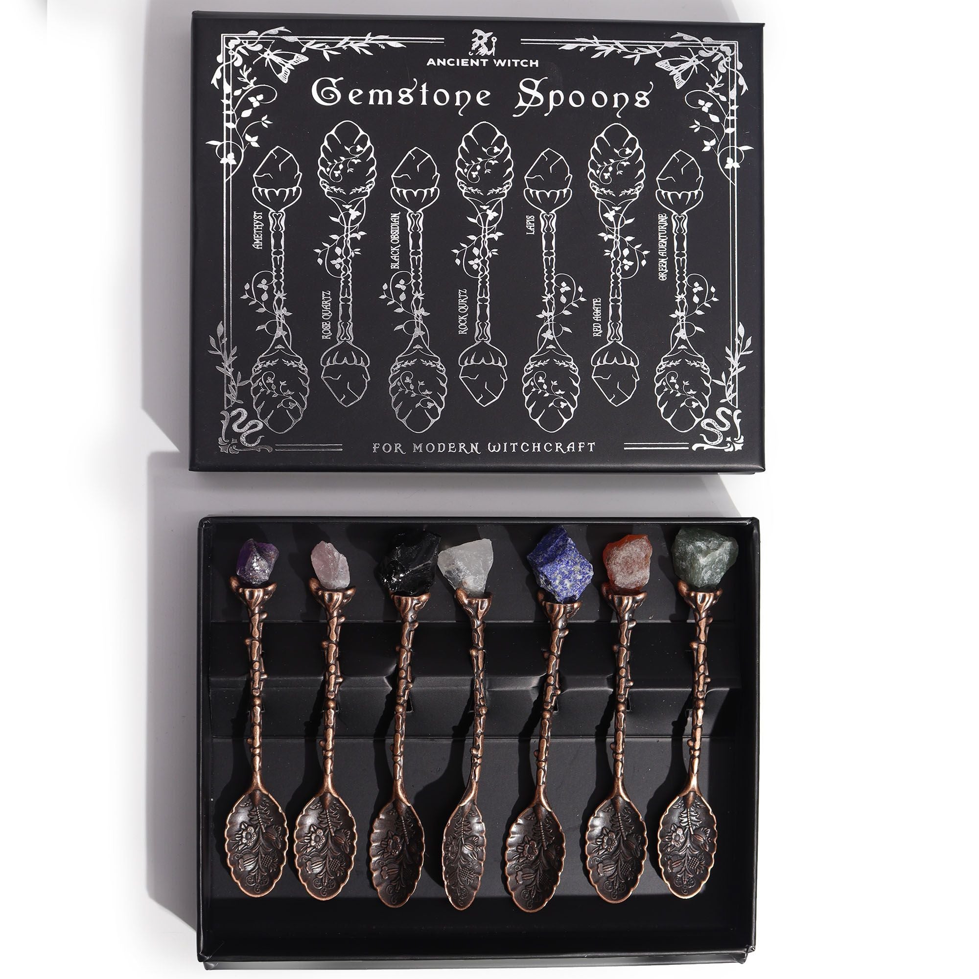 Set de 7 Cucharas de Bruja de Cristal con Piedra Preciosa de Bronce