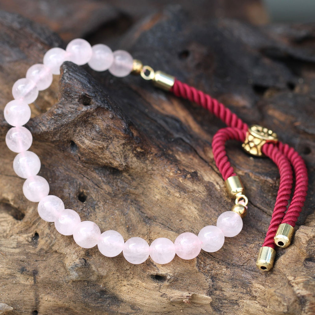 Pulseira de fio Borgonha com Quartzo Rosa