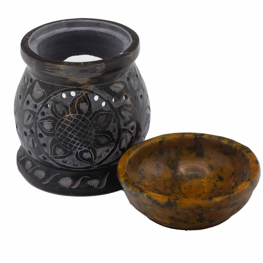 Quemador de aceite de esteatita 10 cm - Flor de mandala - Negro y amarillo