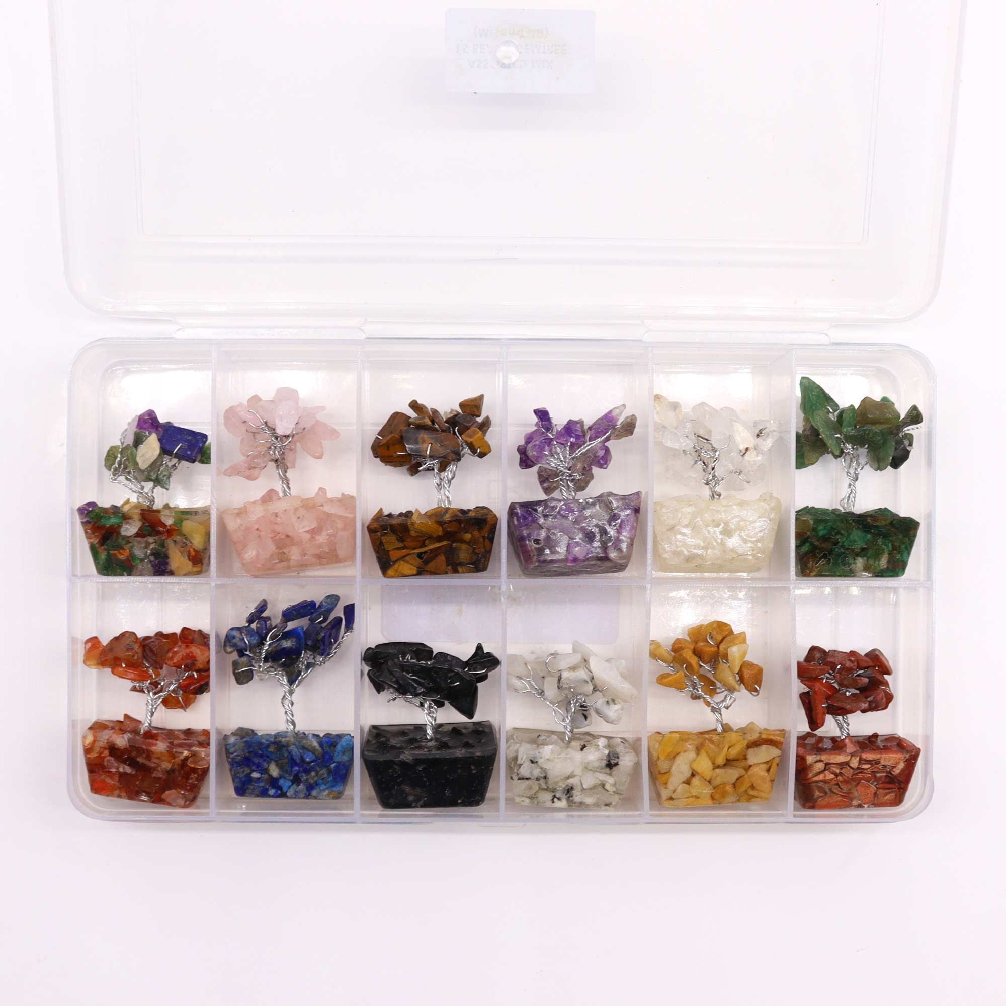 12 Mini árboles de piedras preciosas sobre base de orgonita - Mezcla Surtida (15 piedras)