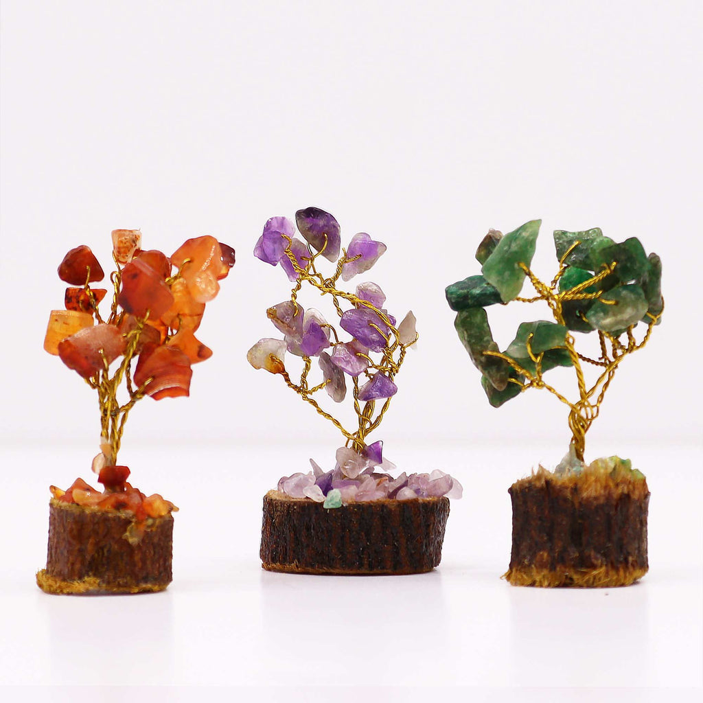 12 Mini árboles de piedras preciosas sobre base de madera - Mezcla surtida (15 piedras)