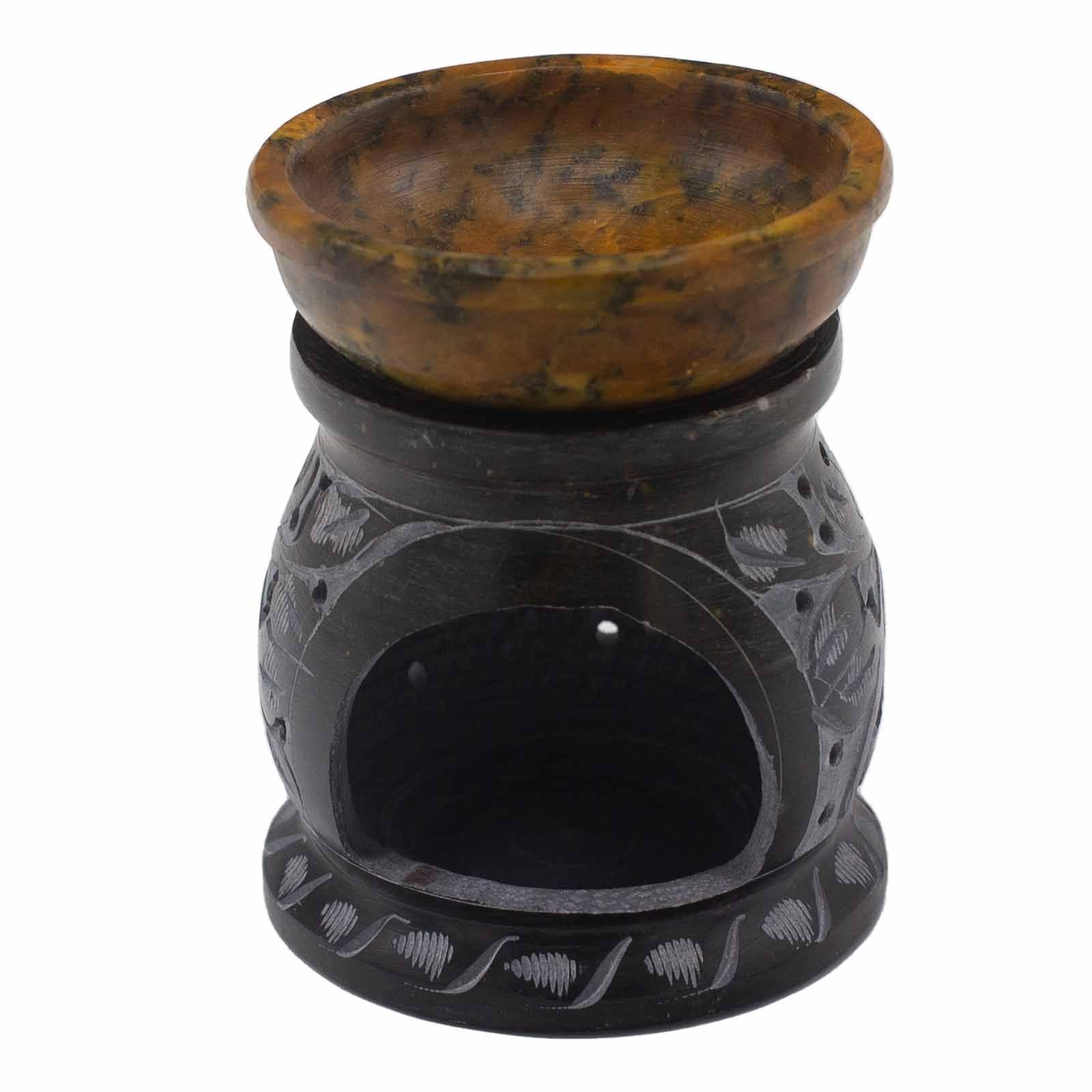 Quemador de aceite de esteatita 10 cm - Flor de mandala - Negro y amarillo