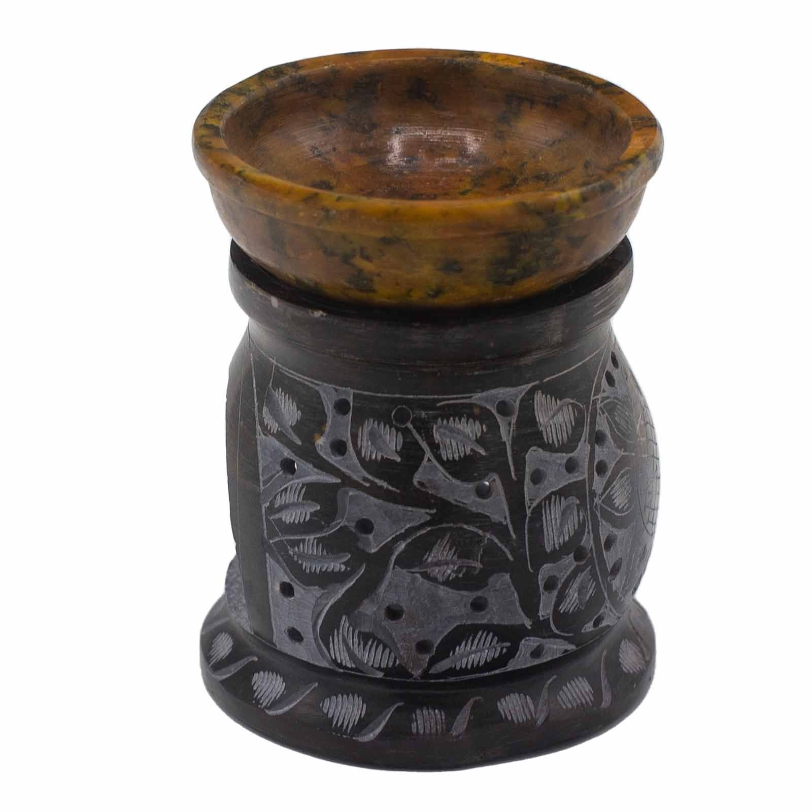 Quemador de aceite de esteatita 10 cm - Flor de mandala - Negro y amarillo