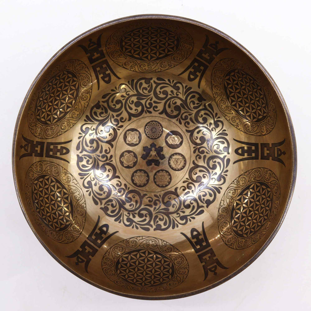 Cuenco Tibetano Curativo Grabado - 21cm - 7 Chakras y Flor de la Vida