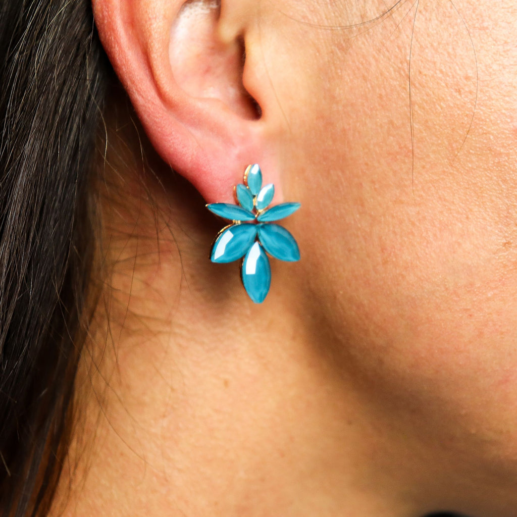 Azul-petróleo - Vidro antigo - Flores - Brincos