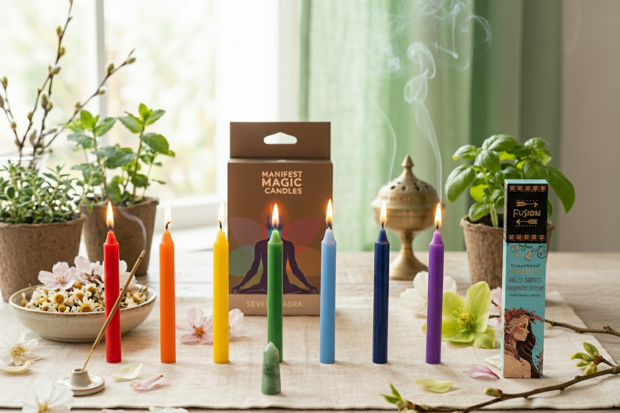 Velas chakra con caja de incienso Palo Santo